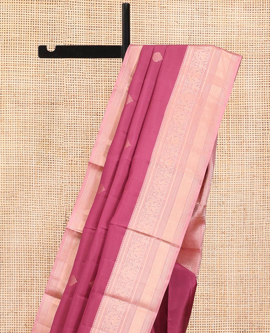 Light Maroon Vasundhara Silk Saree, Woven with Zari Buttas All Over Its Body, Complemented by a Contrast Border of Rekku, Muthu, Kili, Banaras, Neli, and Mayil Kann Designs, Grand Pallu, and Paired with a Contrast Blouse - Image 3