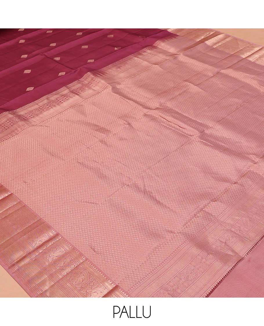 Light Maroon Vasundhara Silk Saree, Woven with Zari Buttas All Over Its Body, Complemented by a Contrast Border of Rekku, Muthu, Kili, Banaras, Neli, and Mayil Kann Designs, Grand Pallu, and Paired with a Contrast Blouse - Image 5