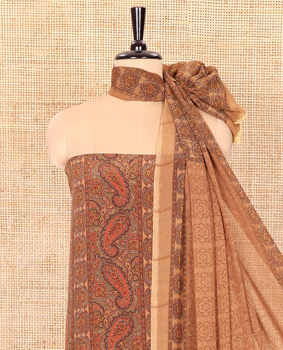 Light Mustard Material Chudidar Set Intricately Printed with Paisley Motifs on the Italian Crepe Top, Subtly Negative Printed Bottom, and Italian Crepe Dupatta of the Same Paisley Prints - Image 3