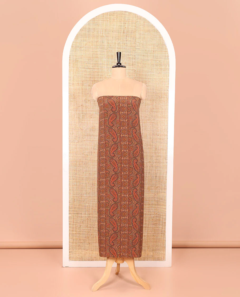 Light Mustard Material Chudidar Set Intricately Printed with Paisley Motifs on the Italian Crepe Top, Subtly Negative Printed Bottom, and Italian Crepe Dupatta of the Same Paisley Prints - Image 4