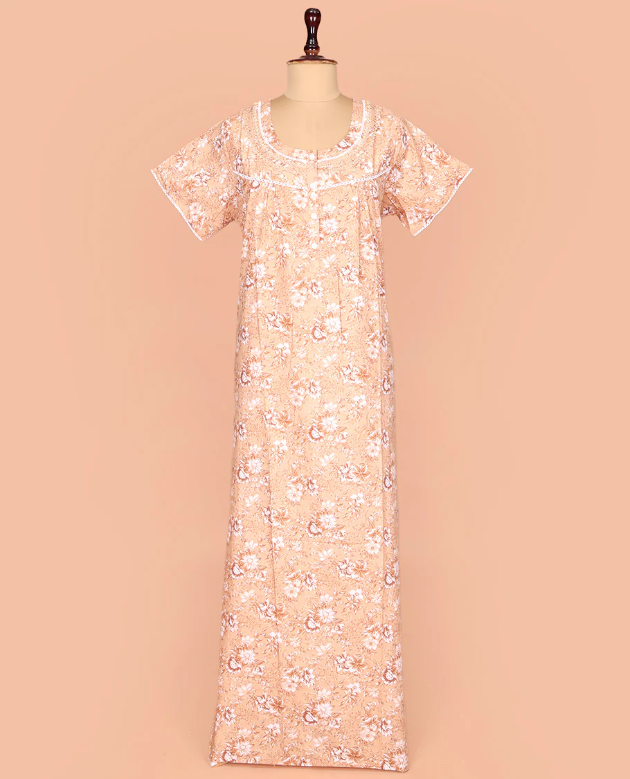 Light Orange Cotton Nighty Enthralled with Floral Print, Featuring Lace Work, Round Front Neck, and Half Sleeves - Image 2