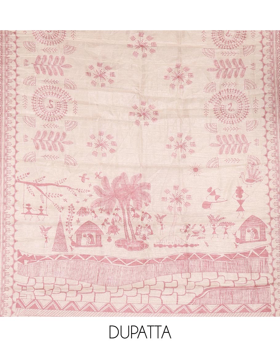 Light peach material churidar set, warli tribe village theme print with mirror work semi-tussar top, plain bottom, and warli tribe village theme print semi-tussar dupatta - Image 2