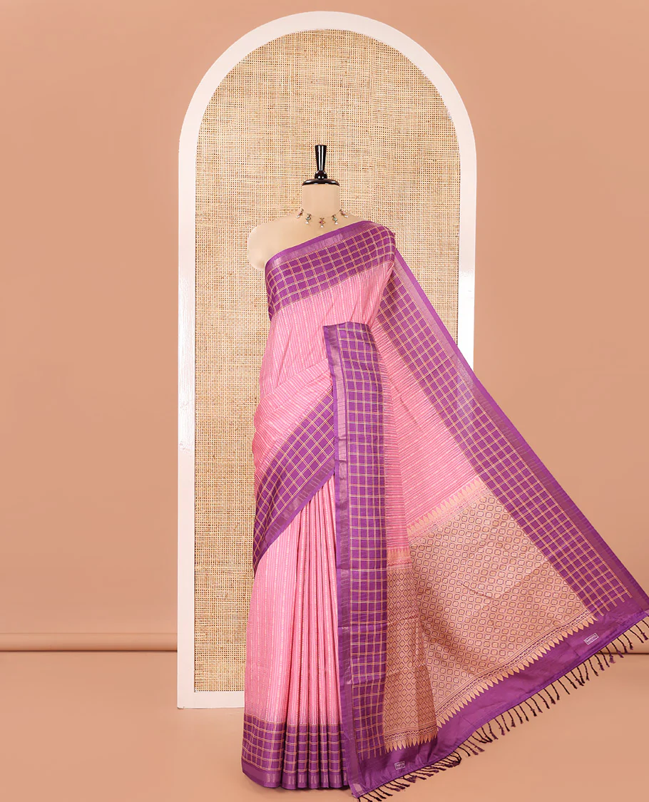 Light Pink Katan Silk Saree, Detailed with Vaira-Oosai-Style Stripes on Its Body, Complemented by a Contrast-Checked Border, Pallu of Jaal Designs, and Paired with a Contrast Blouse