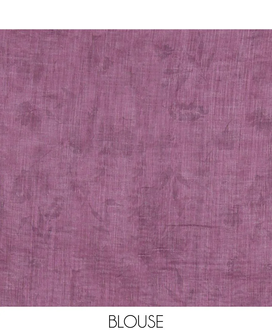 Light Purple Linen Cotton Saree, Featuring Flowers and Faces Printed on Its Body, Subtle Zari Piping Border, Pallu Mirrors the Self-Print, and Comes with a Contrast Blouse - Image 3