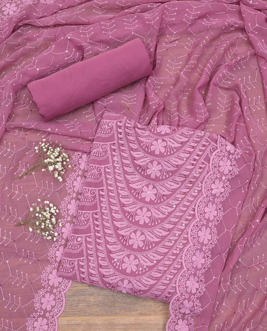 Light Purple Material Chudidar Set, Delicately Woven with Chikankari-Style Thread and Sequins Embroidery on Georgette Top, a Plain Santoon Bottom, and Paired with a Geometric Embroidery Georgette Dupatta