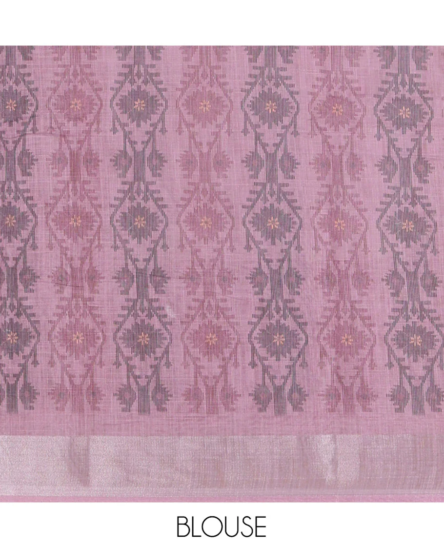 Light Purple Plain Linen Cotton Saree, Subtly Sparkled Zari Border of Jamdani-Style Leaf-Floral Designs, Pallu Depicting Jamdani-Style Designs, and Paired with a Matching Blouse - Image 3