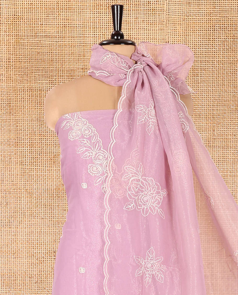 Light Purple Shimmer Georgette Material Chudidar Set, Finely Crafted with Floral Thread Embroidery on Its Top, a Plain Santoon Bottom, and Comes with a Floral Embroidered Shimmer Georgette Dupatta - Image 3
