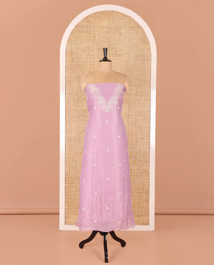 Light Purple Shimmer Georgette Material Chudidar Set, Finely Crafted with Floral Thread Embroidery on Its Top, a Plain Santoon Bottom, and Comes with a Floral Embroidered Shimmer Georgette Dupatta - Image 4
