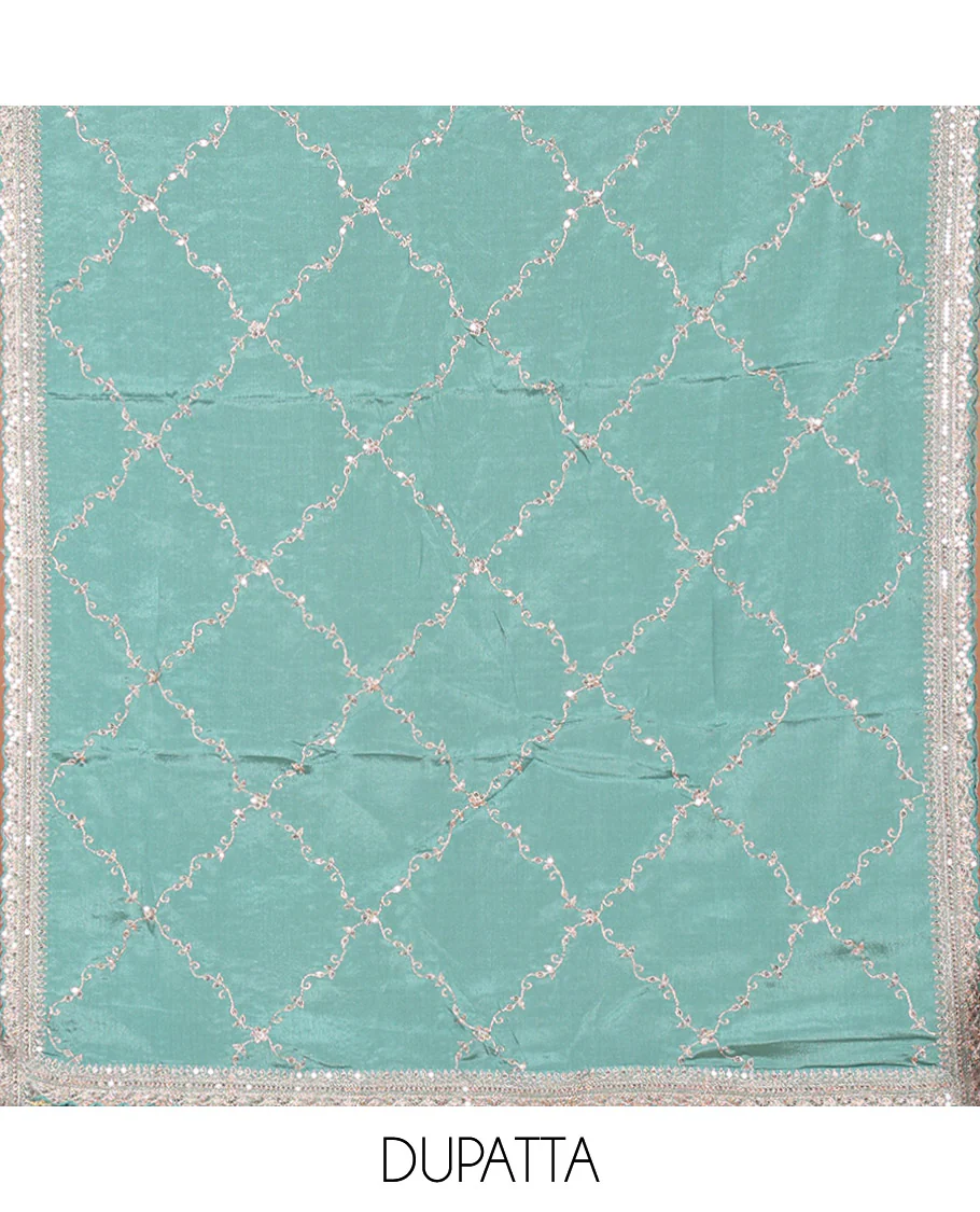 Light Rama Green Chudidar Set Artfully Detailed with Floral Jaal Jacquard Design and Embroidered Viscose Chinon Unstitched Top, Readymade Free Size Chinon Sharara Pants, and a Chinon Embroidered Scallop-Bordered Dupatta - Image 2
