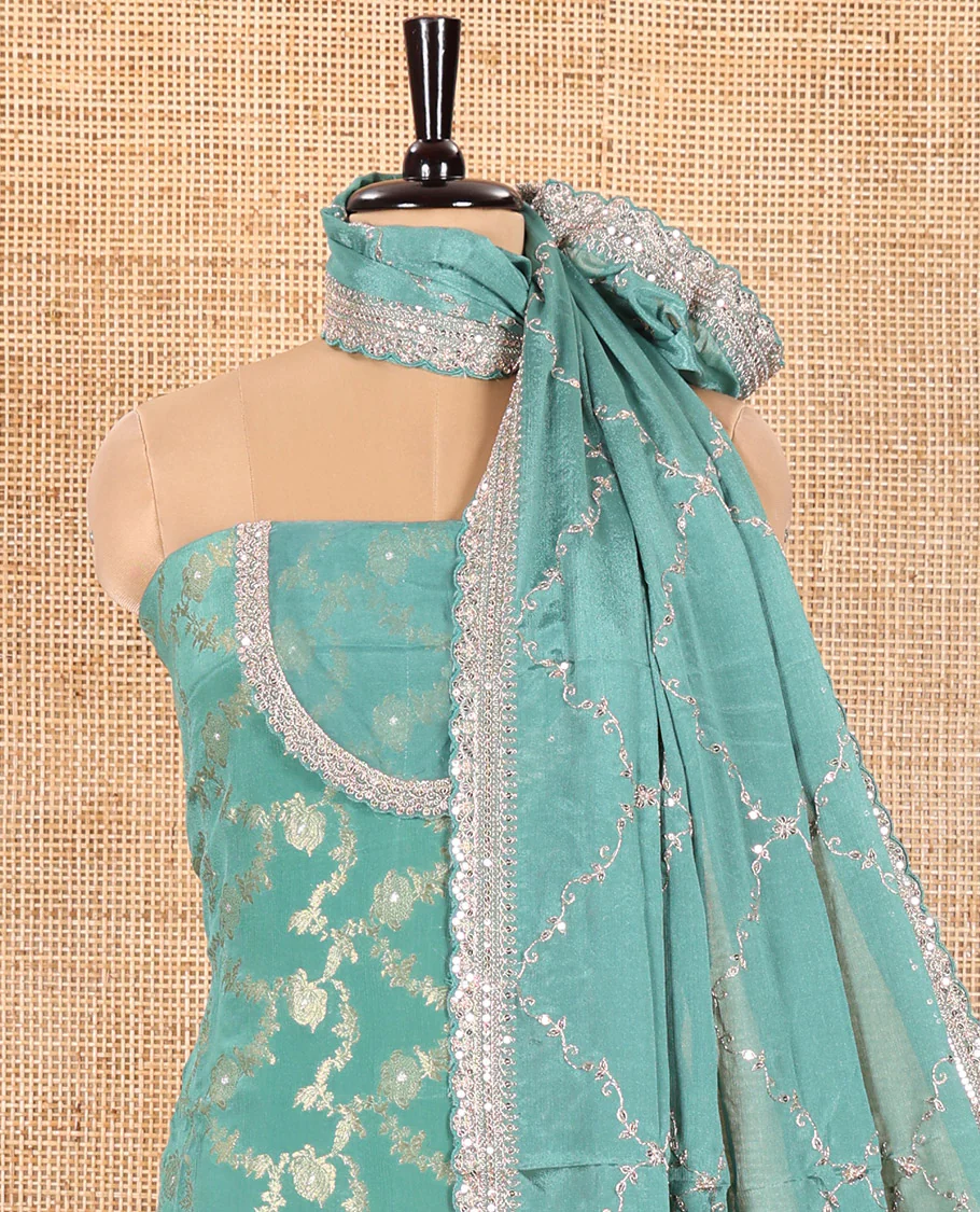 Light Rama Green Chudidar Set Artfully Detailed with Floral Jaal Jacquard Design and Embroidered Viscose Chinon Unstitched Top, Readymade Free Size Chinon Sharara Pants, and a Chinon Embroidered Scallop-Bordered Dupatta - Image 3