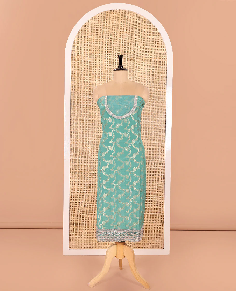 Light Rama Green Chudidar Set Artfully Detailed with Floral Jaal Jacquard Design and Embroidered Viscose Chinon Unstitched Top, Readymade Free Size Chinon Sharara Pants, and a Chinon Embroidered Scallop-Bordered Dupatta - Image 4