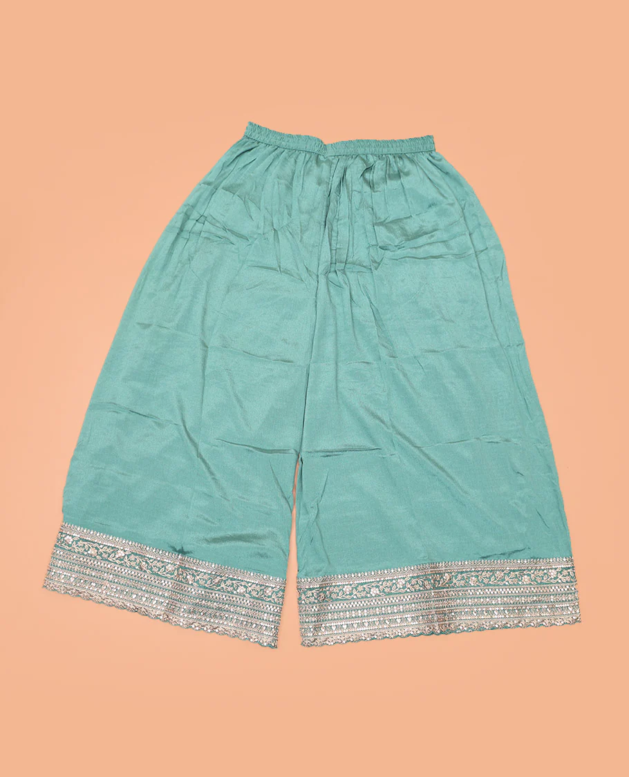 Light Rama Green Chudidar Set Artfully Detailed with Floral Jaal Jacquard Design and Embroidered Viscose Chinon Unstitched Top, Readymade Free Size Chinon Sharara Pants, and a Chinon Embroidered Scallop-Bordered Dupatta - Image 5