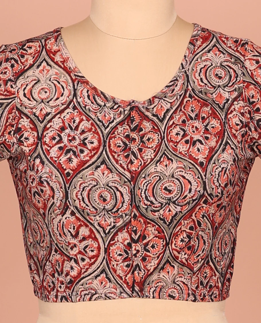 Light Red Cotton Readymade Blouse Decked Up with All-Over Ogee Patterns Print, Featuring a Front Round-Neck, a Closed Back Neck, and Elbow Sleeves - Image 3