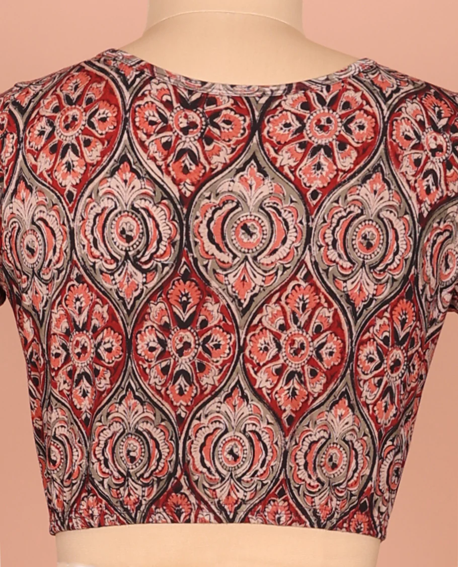 Light Red Cotton Readymade Blouse Decked Up with All-Over Ogee Patterns Print, Featuring a Front Round-Neck, a Closed Back Neck, and Elbow Sleeves - Image 4