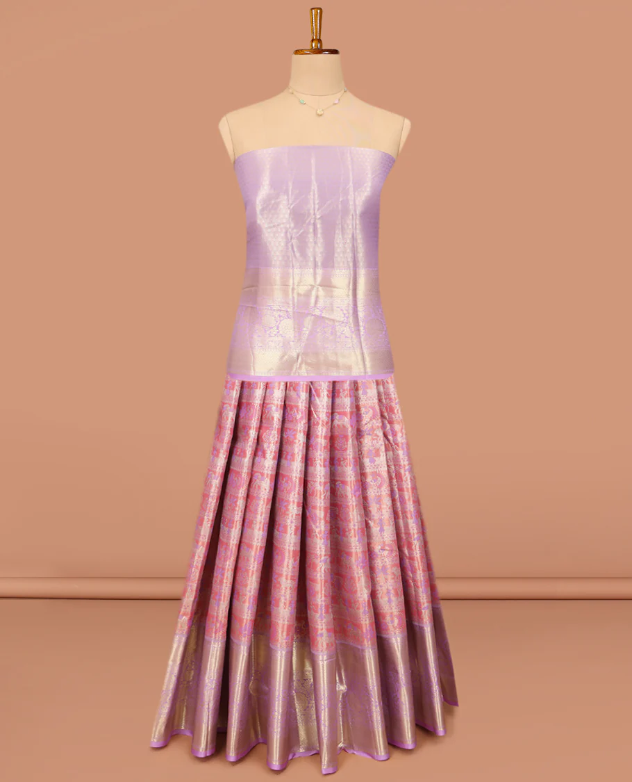 Light Rust Art Silk Material Half-Saree Set, Embellished with Warli-Theme Jacquard Skirt, Complemented by Contrast Traditional Zari Border, Paired with a Jacquard Blouse, and Paisley Designs Woven Dhavani - Image 3