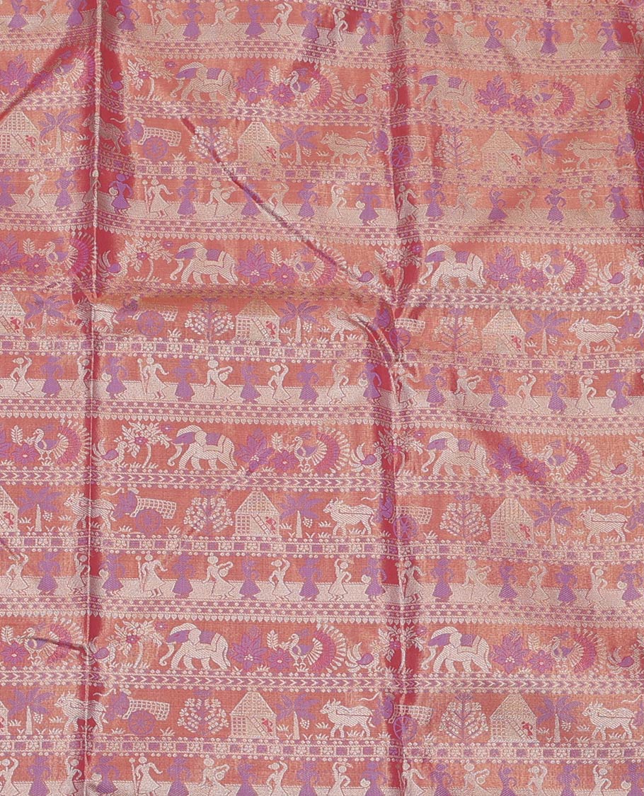 Light Rust Art Silk Material Half-Saree Set, Embellished with Warli-Theme Jacquard Skirt, Complemented by Contrast Traditional Zari Border, Paired with a Jacquard Blouse, and Paisley Designs Woven Dhavani - Image 4