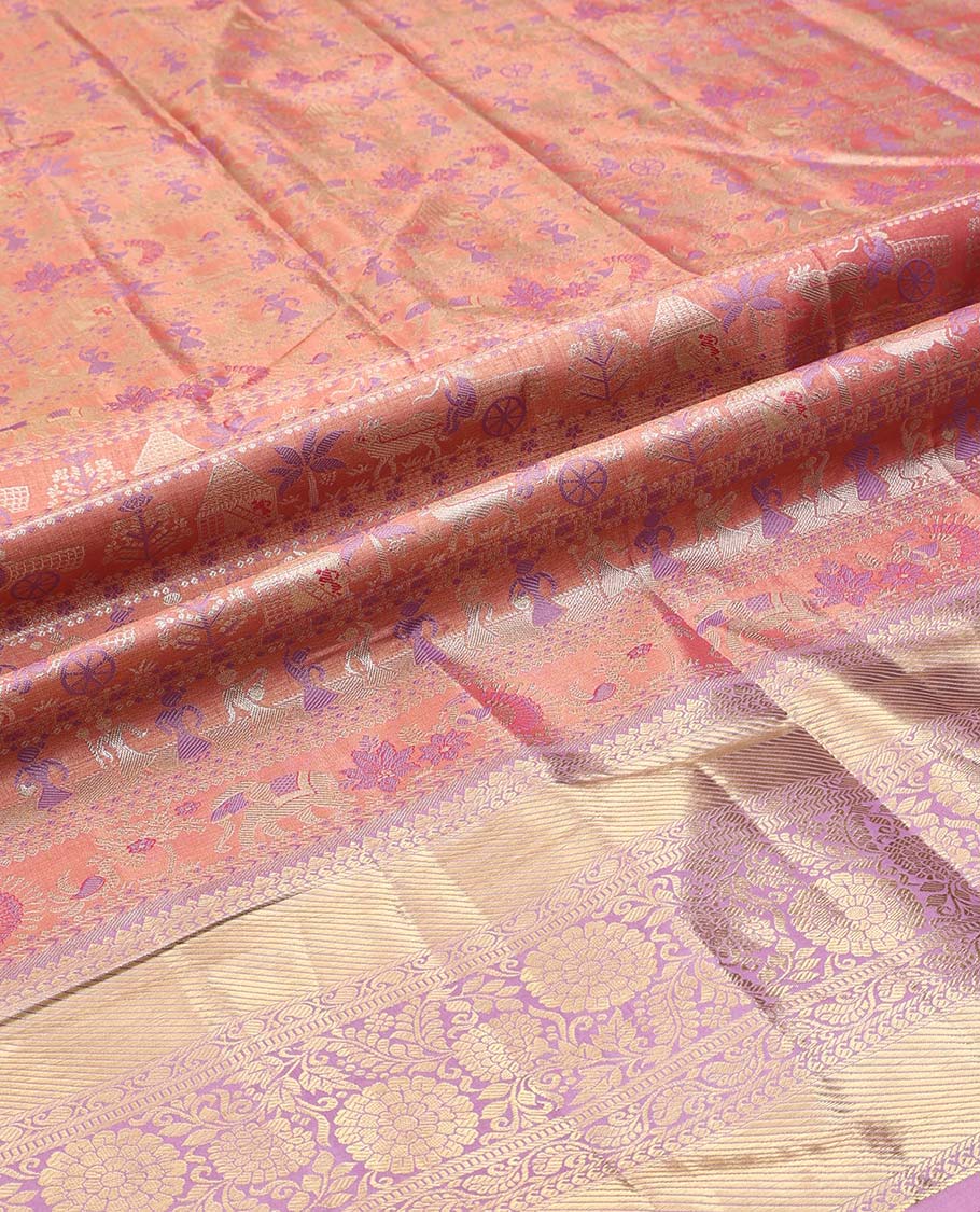 Light Rust Art Silk Material Half-Saree Set, Embellished with Warli-Theme Jacquard Skirt, Complemented by Contrast Traditional Zari Border, Paired with a Jacquard Blouse, and Paisley Designs Woven Dhavani - Image 5