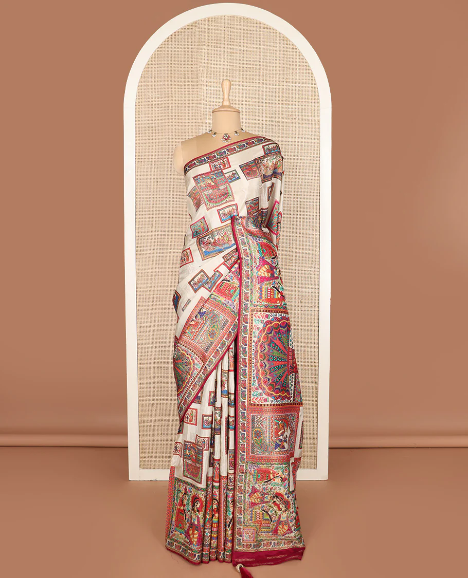 Light sandal-base kaleidoscopic colored ancient Madhubani stories printed dola silk saree - Image 2