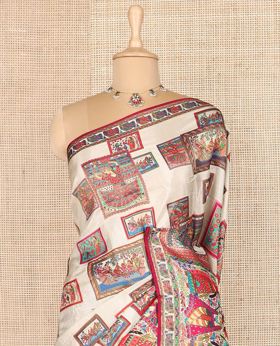 Light sandal-base kaleidoscopic colored ancient Madhubani stories printed dola silk saree - Image 3