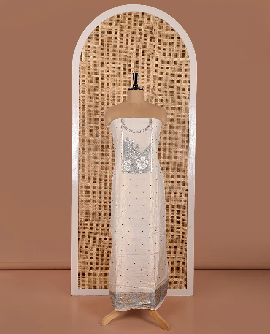 Light Sandal Chanderi Tissue Material Chudidhar Set, Beautified with Polka Dot and Neck Floral Patch Embroidered Top, Plain Bottom, and Chanderi Tissue Dupatta of Floral-Geometric Design Weave - Image 3