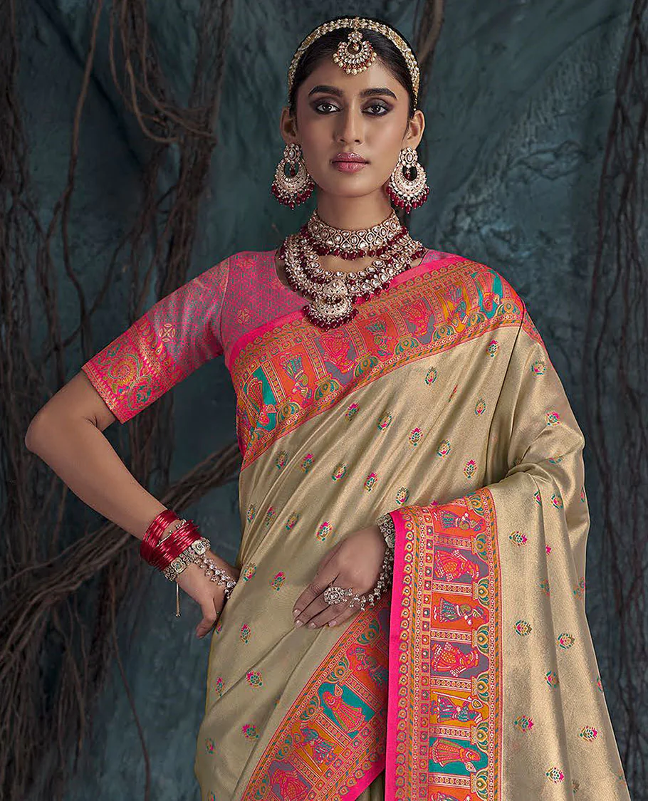 Light Sandal Designer Saree, Subtly Sparkled with Meena Buttas All Over Its Body, Complemented by a Contrast Mughal-Style Human Motifs Border, Pallu of Mughal-Style Designs, and Paired with a Contrast Blouse - Image 2