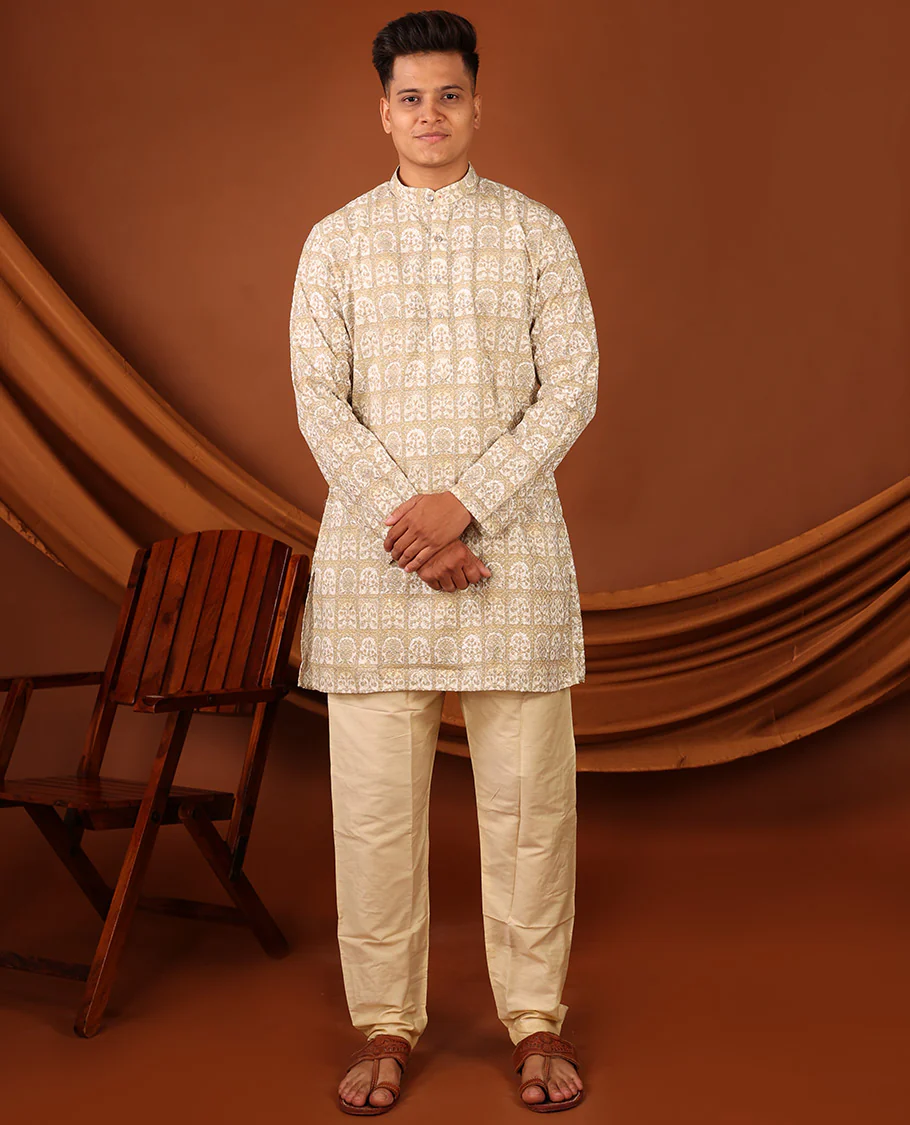Light Sandal Floral Butta Enclosed Arches Printed Full-Sleeved Men's Kurta - Image 4