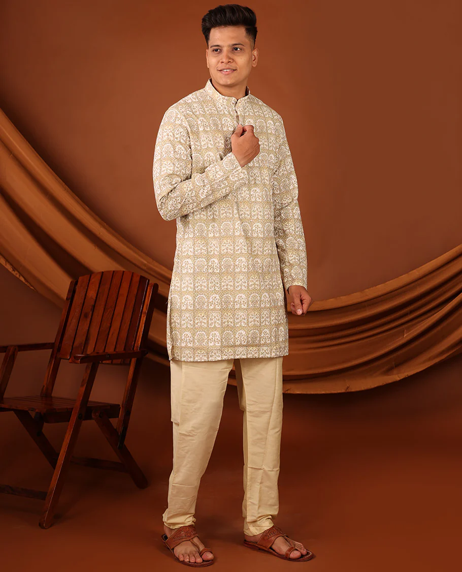 Light Sandal Floral Butta Enclosed Arches Printed Full-Sleeved Men's Kurta - Image 5