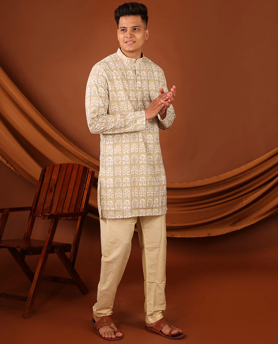 Light Sandal Floral Butta Enclosed Arches Printed Full-Sleeved Men's Kurta - Image 6