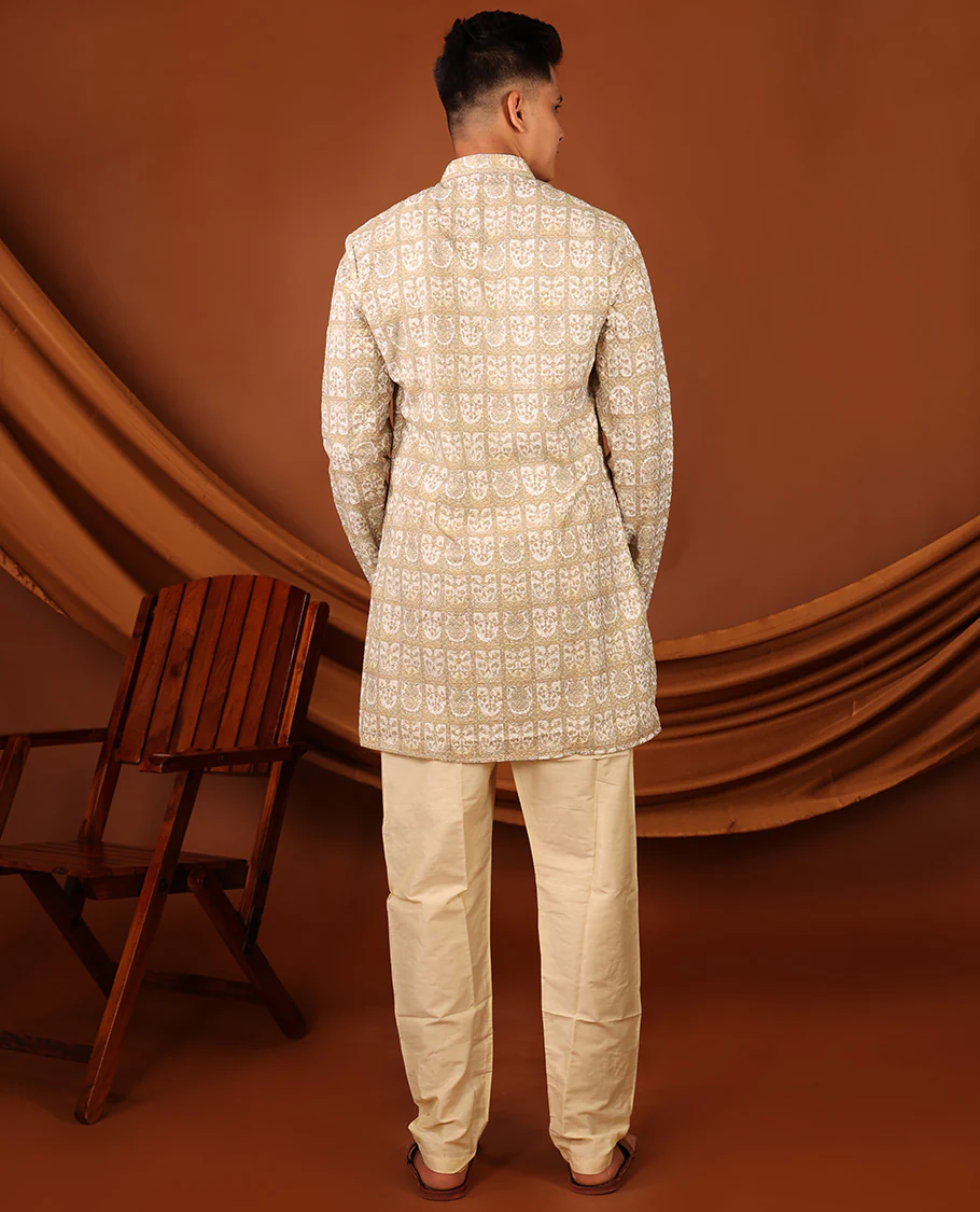 Light Sandal Floral Butta Enclosed Arches Printed Full-Sleeved Men's Kurta - Image 7