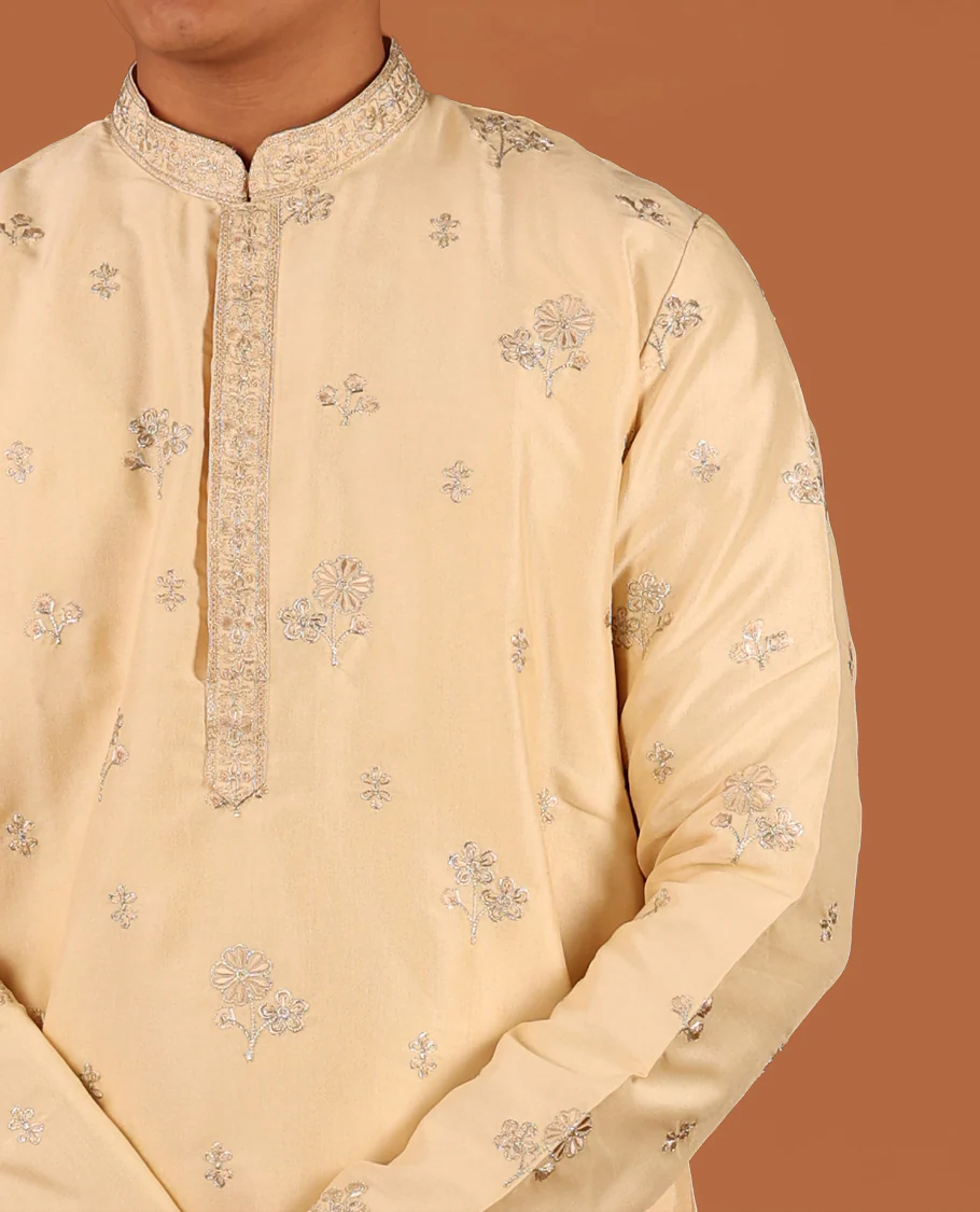 Light Sandal Floral Motifs Thread Embroidered Full-Sleeved Men's Kurta and Comes with Contrast Pants - Image 2