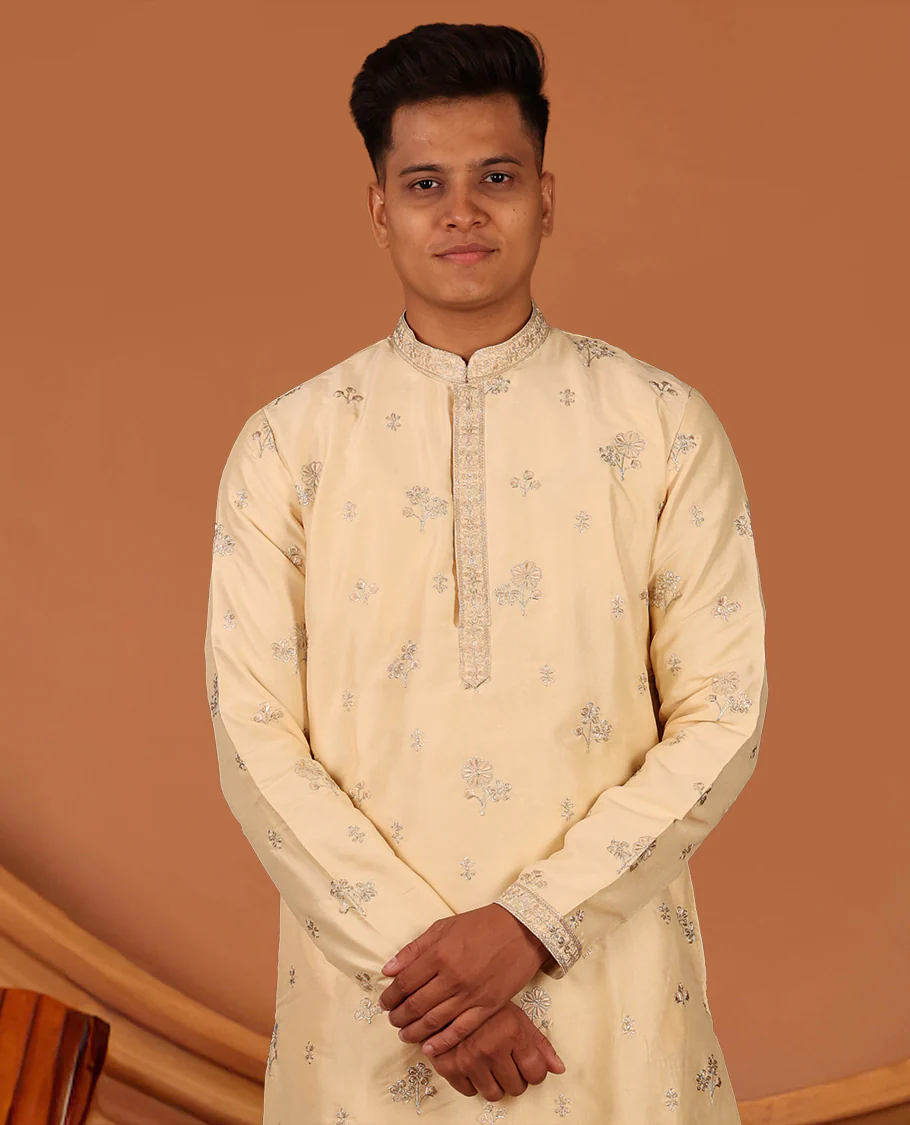 Light Sandal Floral Motifs Thread Embroidered Full-Sleeved Men's Kurta and Comes with Contrast Pants - Image 3