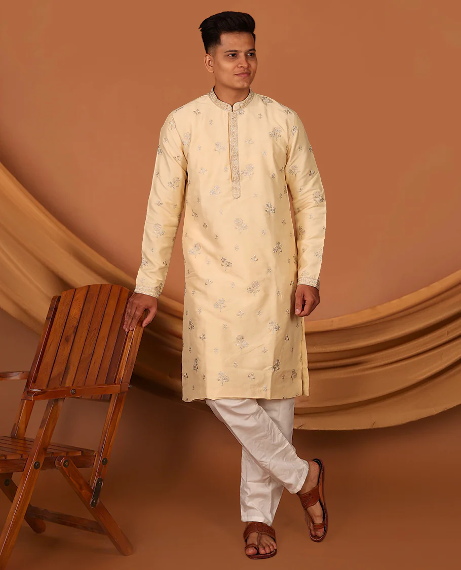 Light Sandal Floral Motifs Thread Embroidered Full-Sleeved Men's Kurta and Comes with Contrast Pants - Image 4
