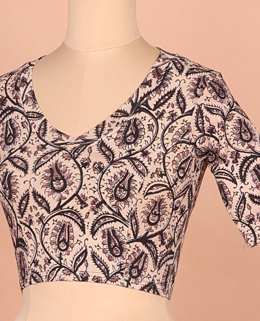 Light sandal floral printed front and back leaf neck elbow sleeve cotton readymade blouse - Image 2