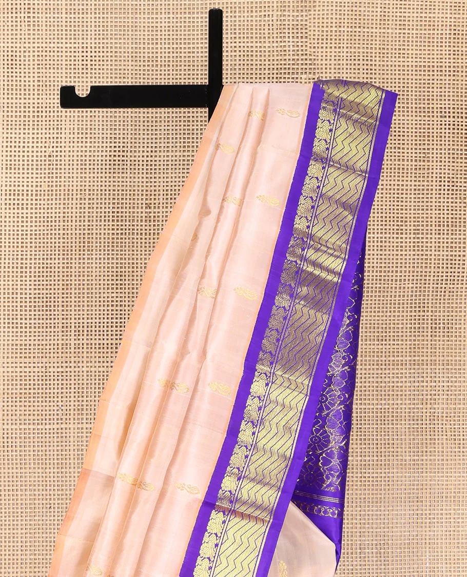 Light Sandal Kanchipuram Silk Saree, Delicately Woven with Zari Buttas on Its Body, Complemented by a Contrast One-Sided Korvai Border of Mayil, and Chevron Designs, Pallu of Floral Jaal Designs, and Comes Without a Blouse - Image 3