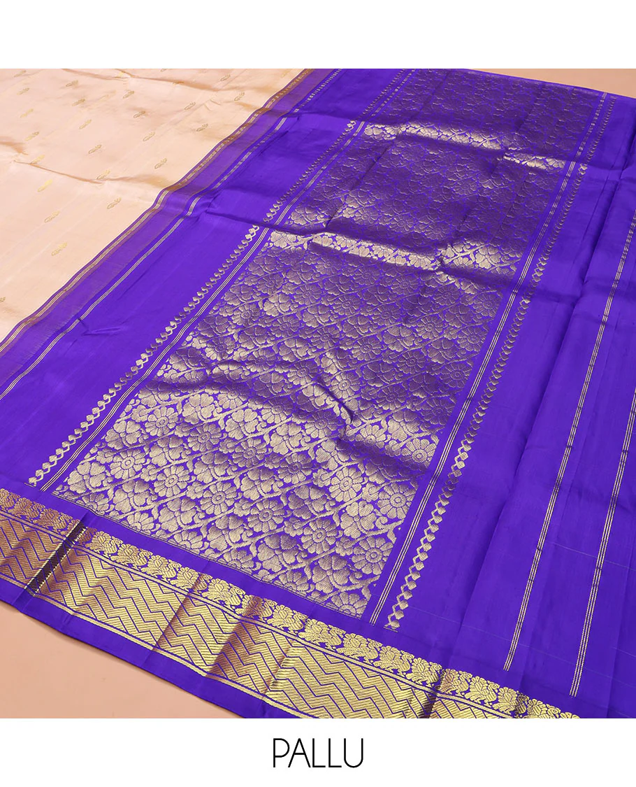 Light Sandal Kanchipuram Silk Saree, Delicately Woven with Zari Buttas on Its Body, Complemented by a Contrast One-Sided Korvai Border of Mayil, and Chevron Designs, Pallu of Floral Jaal Designs, and Comes Without a Blouse - Image 5