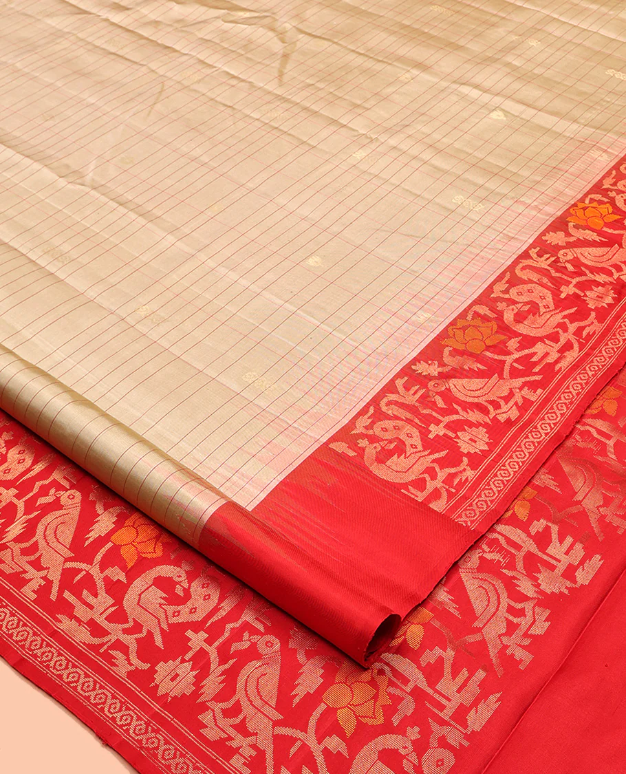 Light Sandal Mayuri Soft Silk Saree, Subtly Sparkled With Zari Buttas and Stripes All Over Its Body, Complemented by Contrast Border of Paithani-Style Flora and Fauna Design Weave, Pallu of Same Design, and Paired with a Contrast Blouse - Image 2