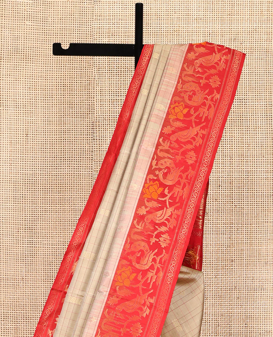 Light Sandal Mayuri Soft Silk Saree, Subtly Sparkled With Zari Buttas and Stripes All Over Its Body, Complemented by Contrast Border of Paithani-Style Flora and Fauna Design Weave, Pallu of Same Design, and Paired with a Contrast Blouse - Image 3