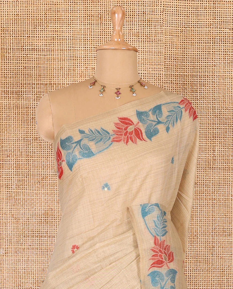 Light sandal resham thread buttas Munga cotton saree, jamdani floral creeper border, jamdani floral pallu, and contrast floral zari buttas blouse - Image 3