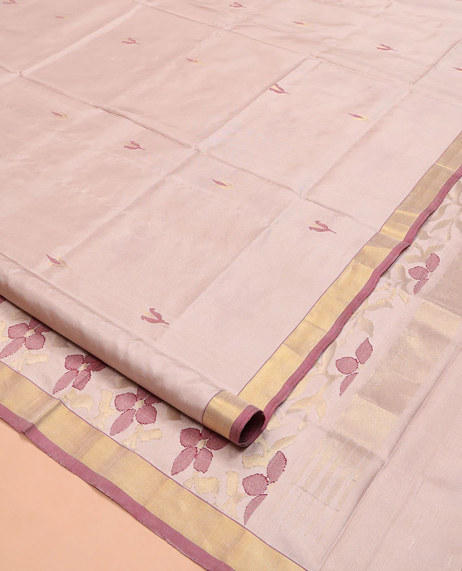 Light Sandal Uppada Silk Saree, Sparsely Woven with Floral Buttas on Its Body, Highlighted by a Contrast Zari Bavanji Border, Pallu of Floral Designs, and Paired with a Matching Blouse - Image 2