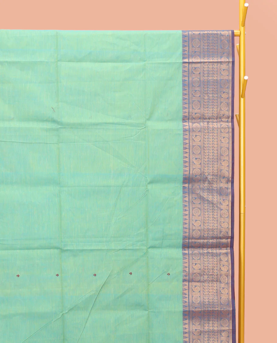 Light Turquoise Chettinad Cotton Saree, Decorated with Thread Buttas All Over Body, Complemented by a Contrast Traditional Zari Design Border, Pallu of Stripes and Buttas, and Paired with a Matching Blouse - Image 2