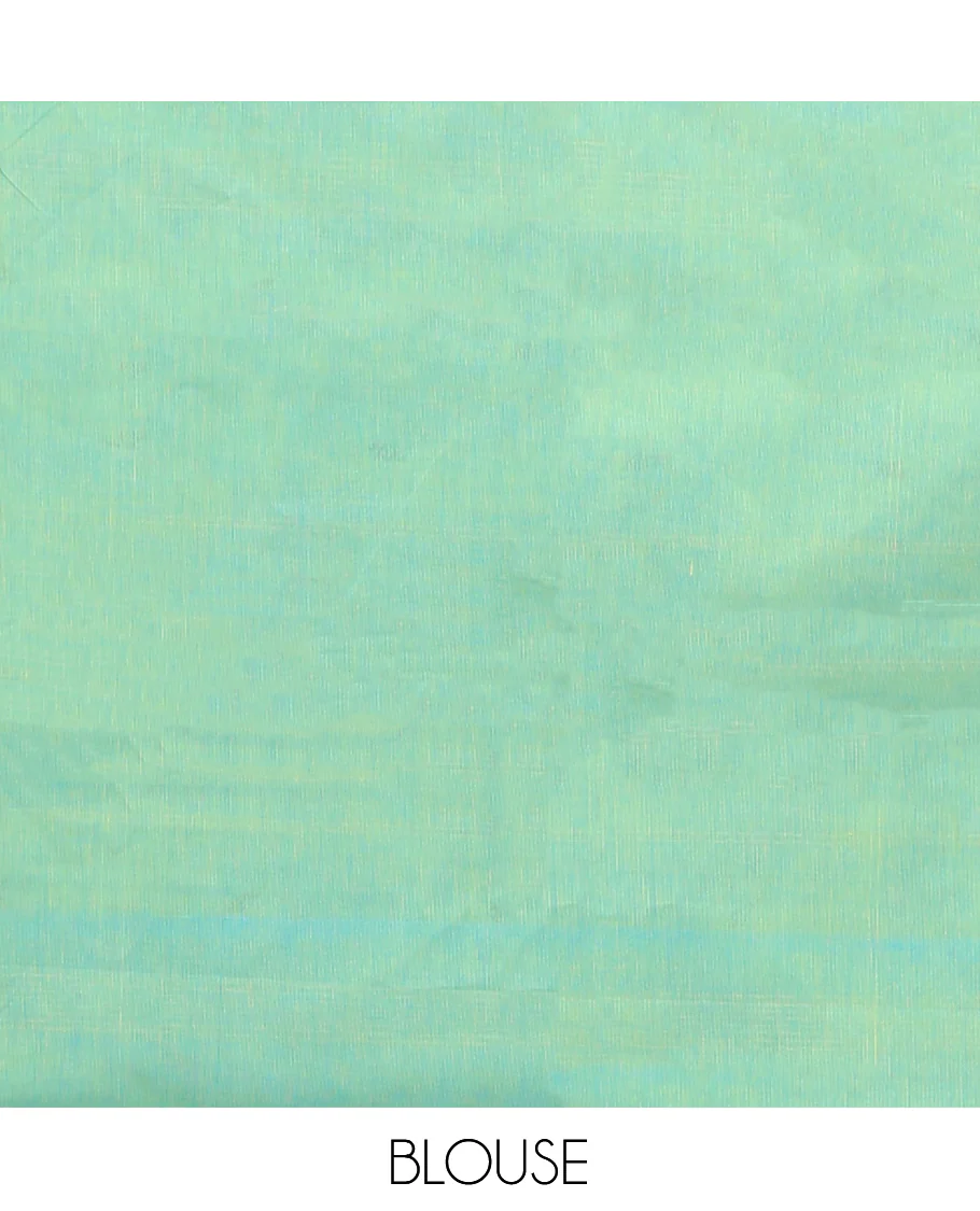 Light Turquoise Chettinad Cotton Saree, Decorated with Thread Buttas All Over Body, Complemented by a Contrast Traditional Zari Design Border, Pallu of Stripes and Buttas, and Paired with a Matching Blouse - Image 4