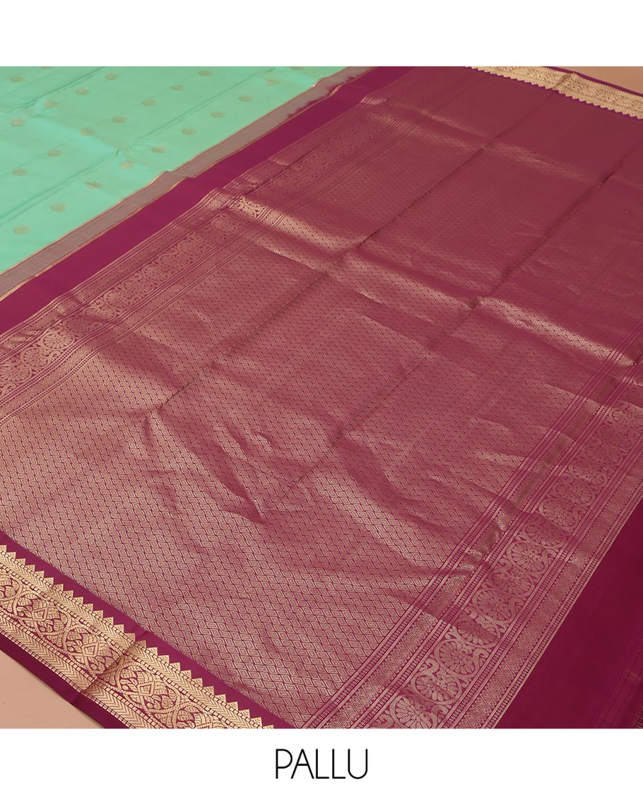 Light Turquoise Vasundhara Silk Saree, Sparsely Woven with Zari Buttas All Over Its Body, Complemented by a Contrast Border of Rekku, Muthu, Kathir, and Kodi Visiry Designs, Grand Jaal Pallu, and Paired with a Contrast Blouse - Image 5