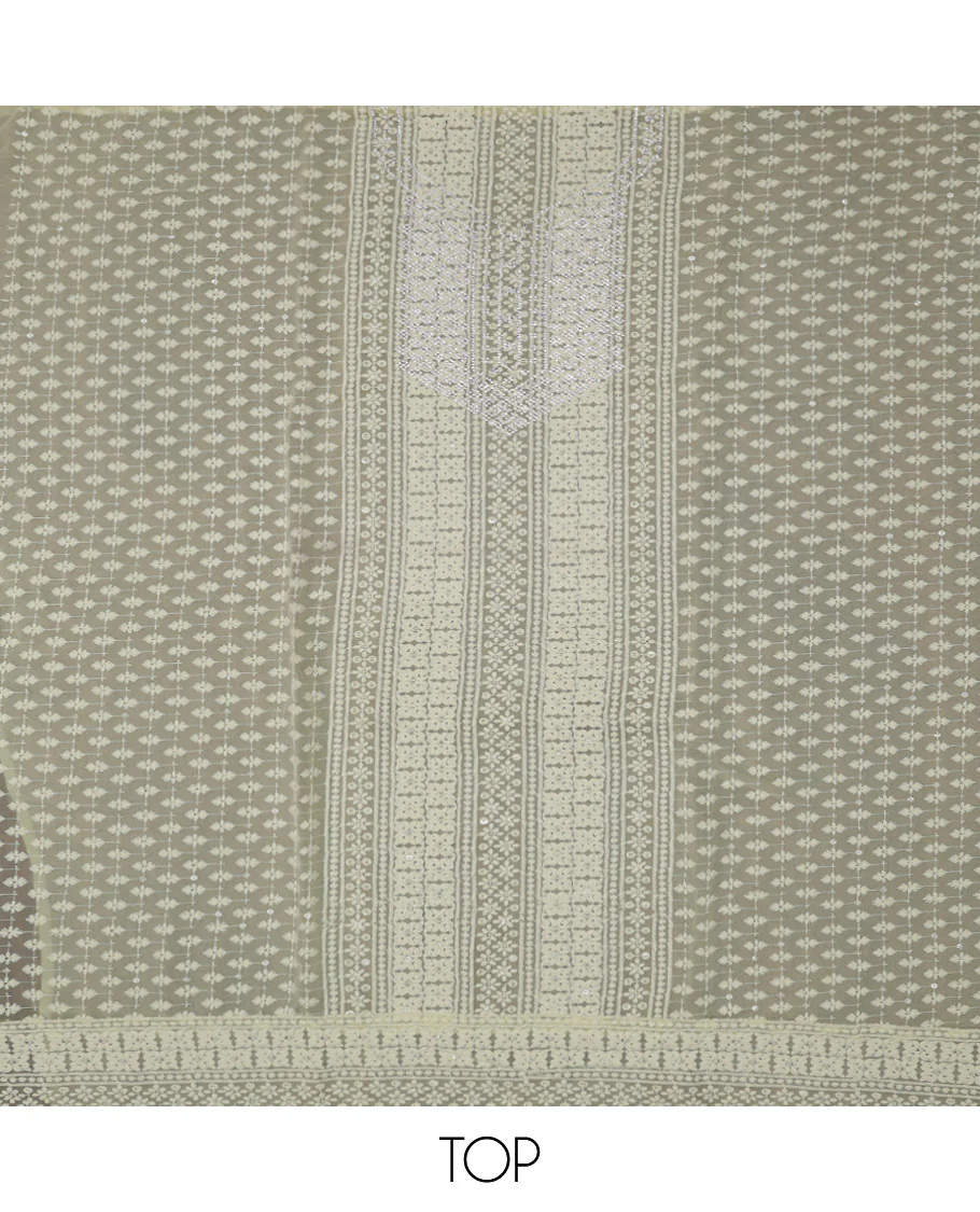 Light Yellow Material Chudidar Set, Prettified with Chikankari-Style Embroidery and Neck Stone Work on Georgette Top, a Plain Santoon Bottom, and Paired with a Floral Vine Embroidery Georgette Dupatta - Image 2
