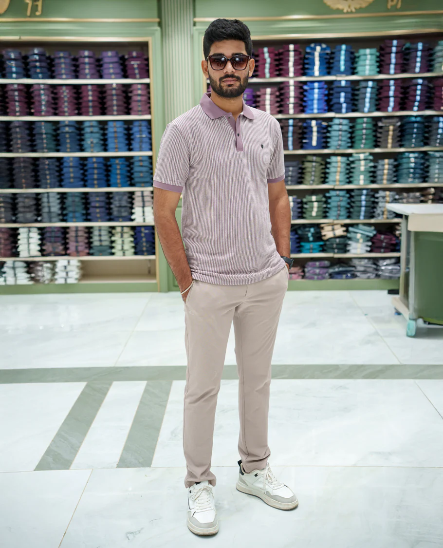 Lilac Striped Cotton-Blended T-Shirt Comes with Half-Sleeves, a Polo Collar, a Slim Fit, and Regular Length - Image 2