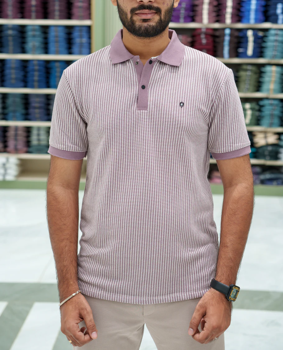 Lilac Striped Cotton-Blended T-Shirt Comes with Half-Sleeves, a Polo Collar, a Slim Fit, and Regular Length - Image 3