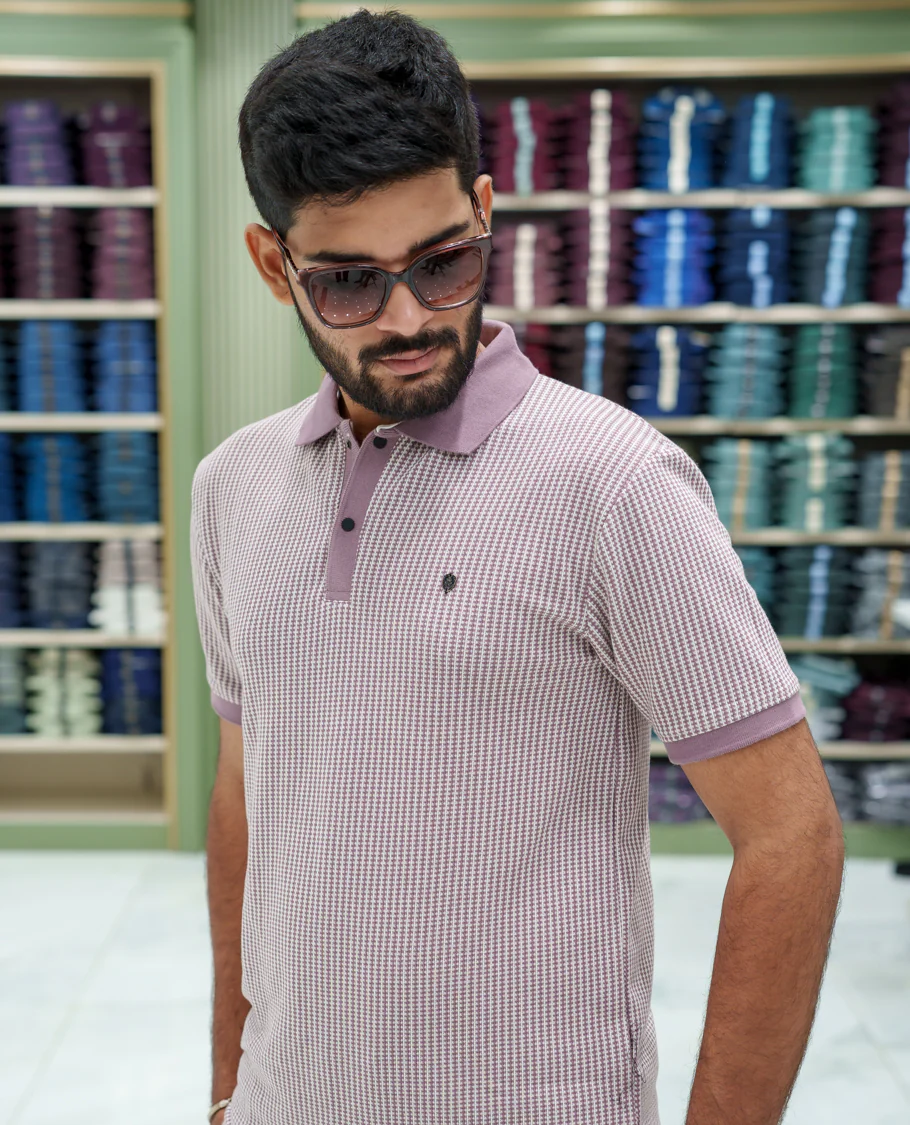 Lilac Striped Cotton-Blended T-Shirt Comes with Half-Sleeves, a Polo Collar, a Slim Fit, and Regular Length - Image 4