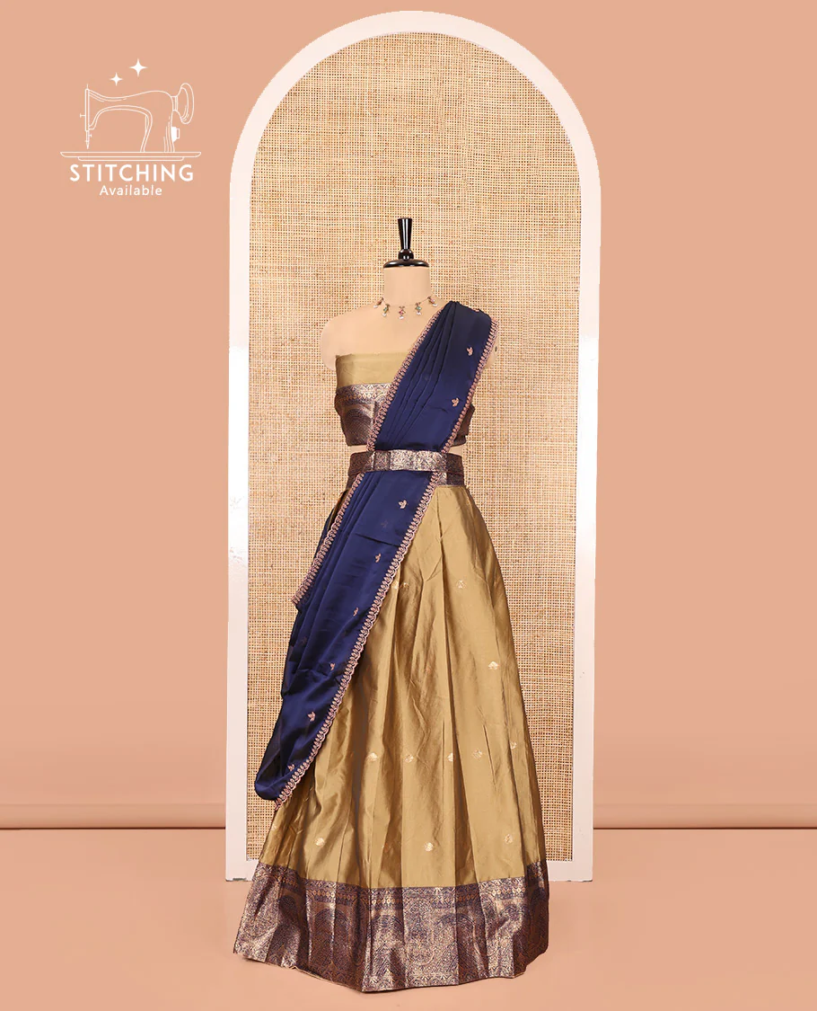Liril Green and Blue Semi-Banarasi Half-Saree, Delicately Woven with Zari Buttas on Its Skirt, Complemented by a Contrast Geometric Patterns Zari Woven Border, Paired with a Matching Blouse, and a Contrast Satin Georgette Embroidered Scallop Dhavani - Image 3