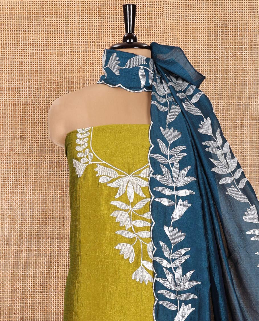Liril Green Material Churidar Set, Detailed with Floral Motifs Sequins-Thread Embroidered on Its Vichitra Silk Top, Comes with a Contrast Santoon Bottom, and Paired with a Vichitra Silk Floral Embroidered Scallop Dupatta - Image 3