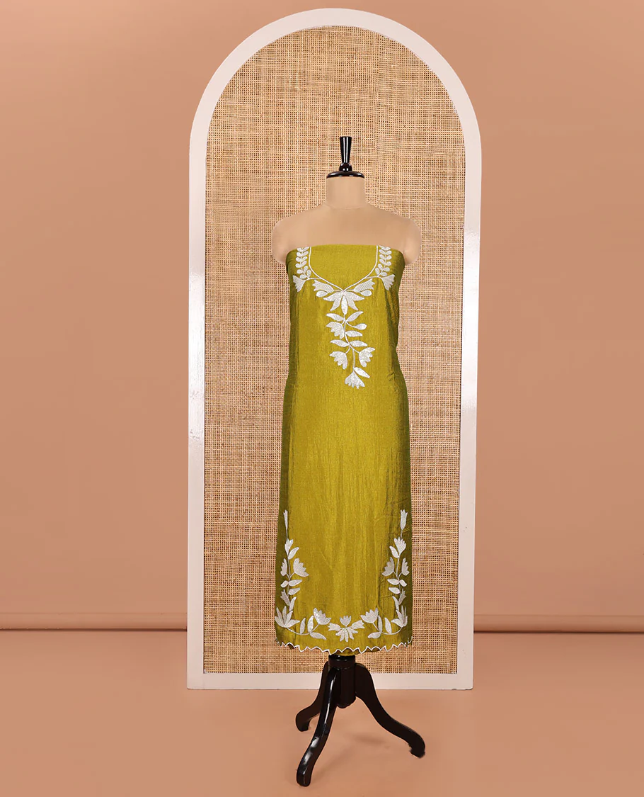 Liril Green Material Churidar Set, Detailed with Floral Motifs Sequins-Thread Embroidered on Its Vichitra Silk Top, Comes with a Contrast Santoon Bottom, and Paired with a Vichitra Silk Floral Embroidered Scallop Dupatta - Image 4