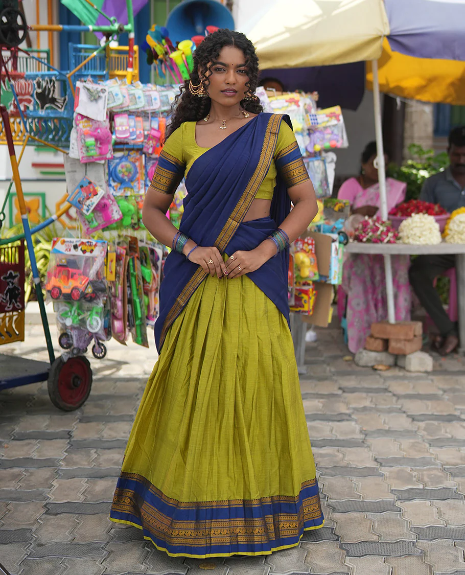 Liril Green-Royal Blue Mercerised Cotton Half-Saree Features Plain Skirt, Contrast Traditional Annam-Motif Border, a Matching Blouse, and Contrast Dhavani - Image 3